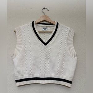 Sunday Best Wool Cotton Cream Cable-Knit V-Neck Sweater Vest with Black Trim